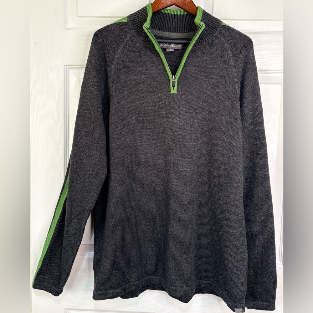 EDDIE BAUER - Gray 1/4 Zip 100% Cotton Sweater Large Tall